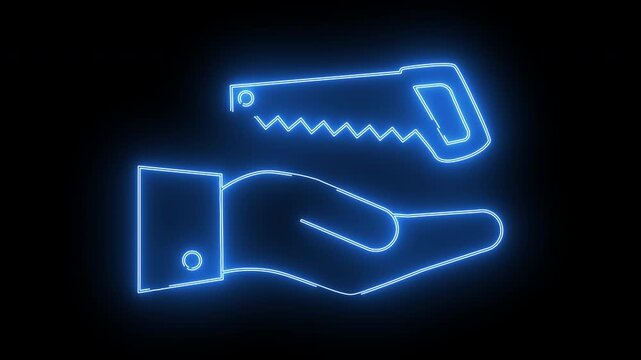 hand icon carrying a saw icon with neon effect