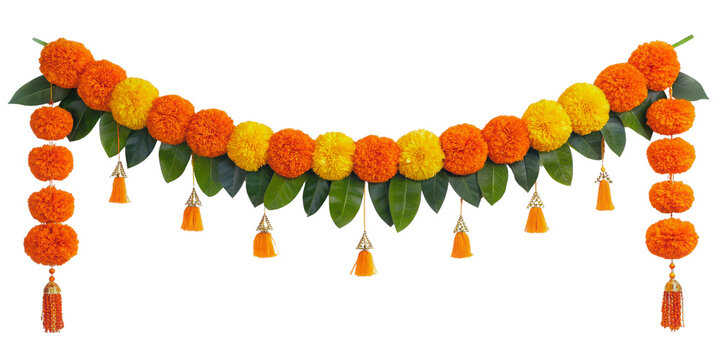 Vibrant indian marigold toran garland decoration for festive occasions and doorways transparent background