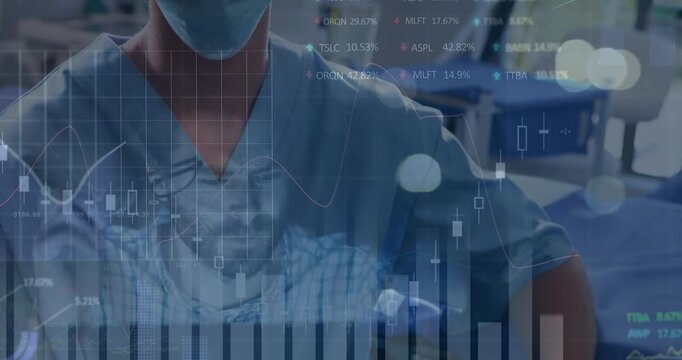 Animation of data processing over diverse male doctor and face mask