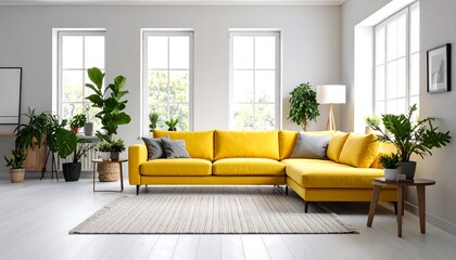 Obraz premium Bright modern living room with a large yellow sectional sofa and many plants.