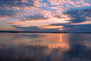 Lake landscape. Mušov reservoir and the church of St. Linhart