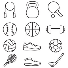 Sport icon set outline style, fitness and game equipment symbols for web, app, and graphic design
