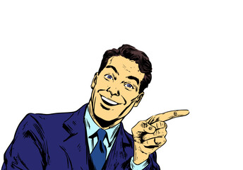 Businessman in blue suit confidently pointing finger for directing attention, leadership, and successful decision making in cartoon pop art illustration style