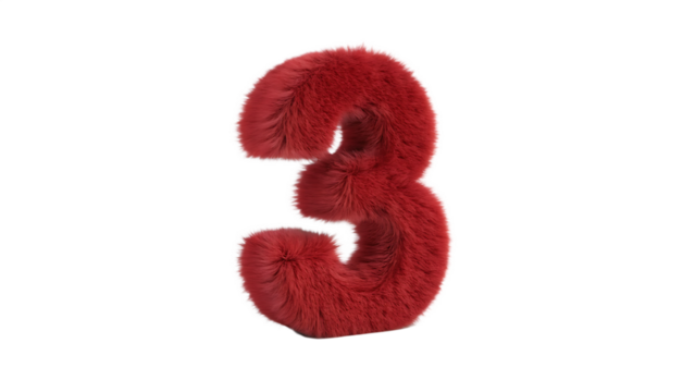 3D number 3 made of red fur cut out on PNG. AI GENERATED.
