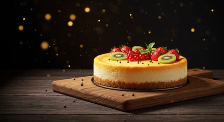 Delicious cheesecake dessert with fresh fruit on wooden board with bokeh lights