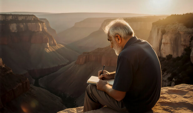 Hombre mayor escribiendo en su libreta frente a un paisaje monta&ntilde;oso