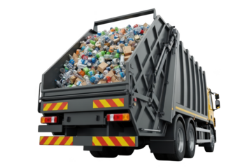 A garbage truck filled with waste and recycling isolated on transparent background