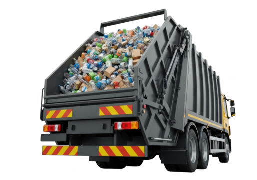 A garbage truck filled with waste and recycling isolated on transparent background
