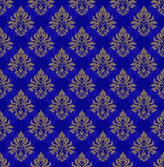 Golden damask pattern, seamless luxury blue background.