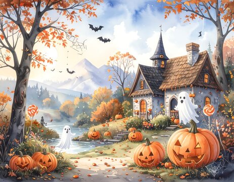 A charming autumnal Halloween scene, featuring a quaint stone house, friendly ghosts, and vibrant pumpkins.