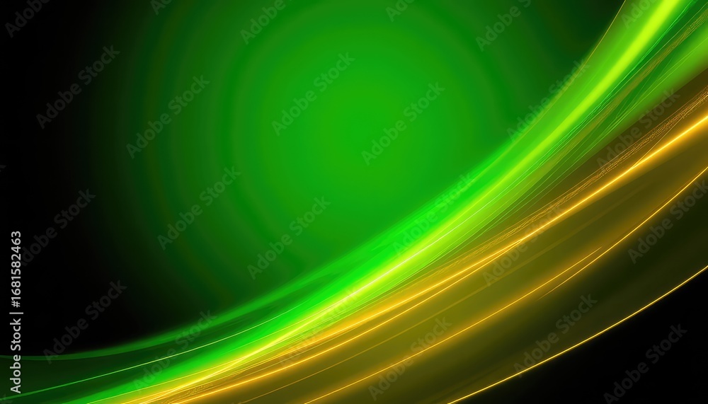 Poster radiant flow a dynamic display of vibrant green and golden light trails curving against a gradient, 