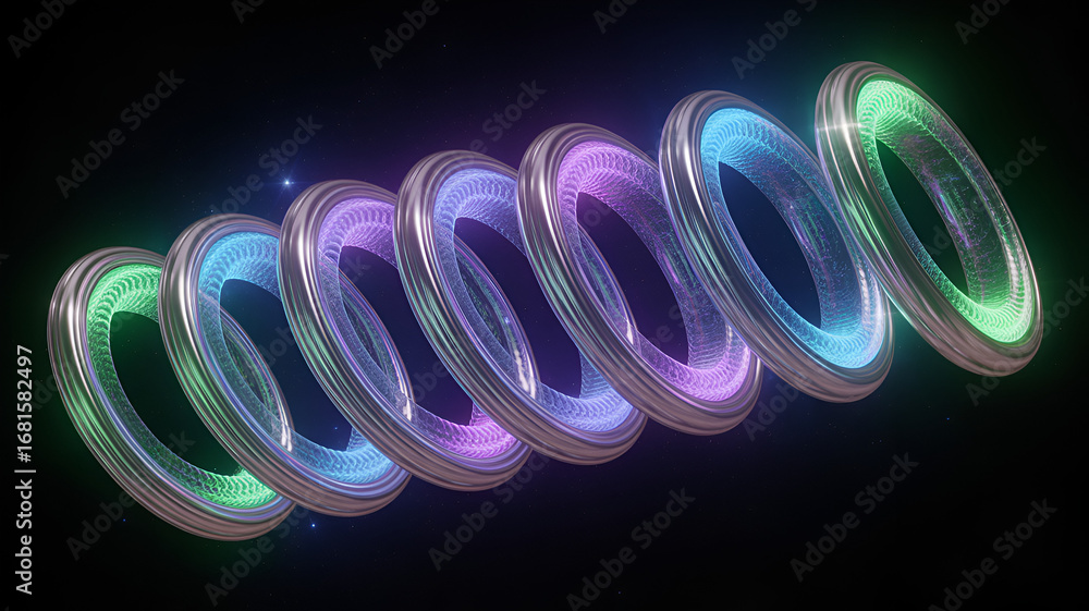 Poster futuristic rings with colorful gradient lights floating in the dark background