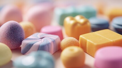 Closeup on bespoke confectionery in vibrant colors with the rest of the scene gently blurred to showcase unique shapes and artisan details.