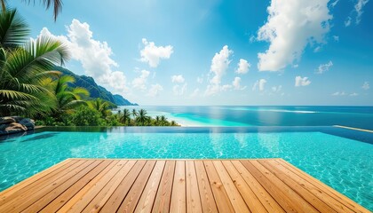 Fototapeta premium Wooden decking, infinity pool, tropical foliage, and ocean meeting the blue sky under fluffy clouds for an idyllic getaway