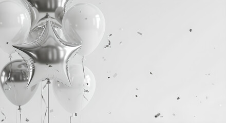 Elegant silver and white balloons with confetti, perfect for celebrations and anniversaries.