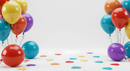 Colorful party balloons and heart confetti on white background with copy space.