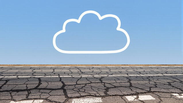 Imagination meets technology on a cracked road beneath a cloud drawing