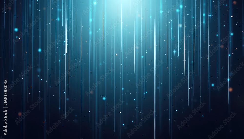 Poster ethereal cascade of light featuring shimmering particles and vertical glowing lines against a deep, 