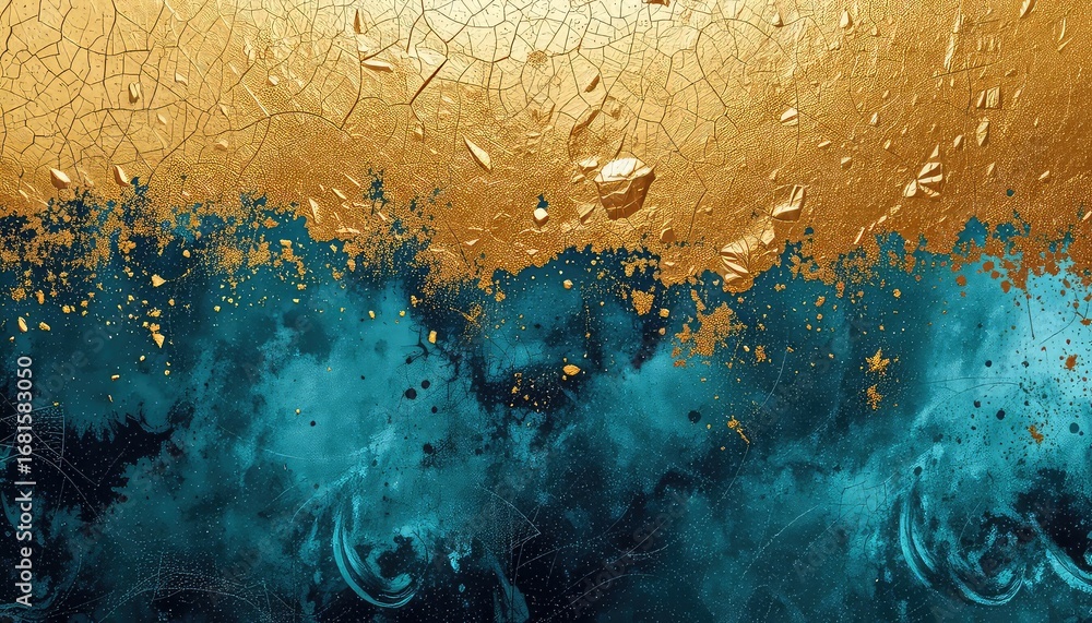 Poster luxurious teal background with splashes of gold and a textured, fractured gold top layer creating a 