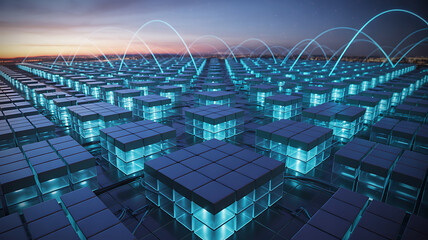 Futuristic glowing cubes arranged in a vast grid with light streams connecting them