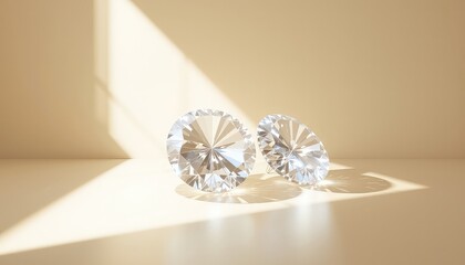 Two faceted gems sparkle under a stream of light, casting elegant shadows on a neutral surface