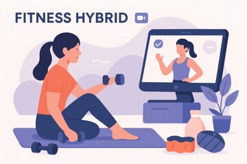 Hybrid fitness concept featuring online exercise classes and in person home workouts illustrated