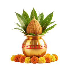 Golden kalash filled with sacred mango leaves and coconuts decorated with marigold flowers for puja ritual transparent background