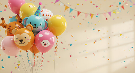 Colorful Animal Balloons and Confetti Celebration with Party Decorations