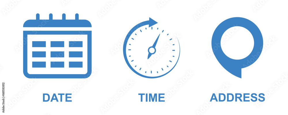 Poster time date address icons set. address location icon. stopwatch timer icon. date calendar icon. black 