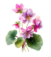 Delicate watercolor violets in shades of pink and purple, with lush green leaves