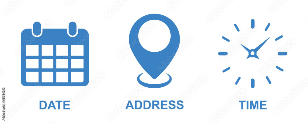Poster time date address icons set. address location icon. stopwatch timer icon. date calendar icon. black 