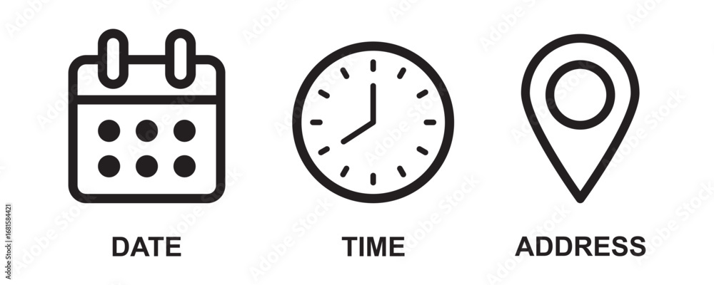 Poster time date address icon set collection vector illustration. event icons vector. location, calendar & 