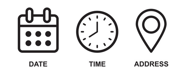 Time date address icon set collection vector illustration. Event icons vector. Location, Calendar & clock icon. Clock, pin map location, and calendar signs set. Business schedule icons clock calendar