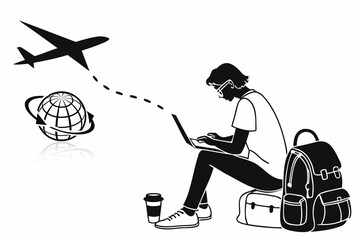 Vector illustration of a woman with a suitcase and a child, having fun with music on a road trip