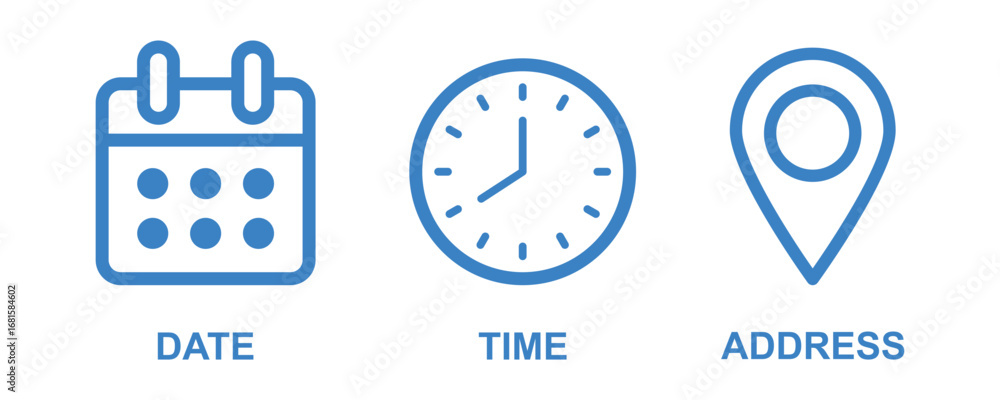 Poster time date address icon set collection vector illustration. event icons vector. location, calendar & 