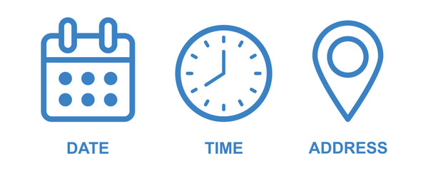 Obraz premium Time date address icon set collection vector illustration. Event icons vector. Location, Calendar & clock icon. Clock, pin map location, and calendar signs set. Business schedule icons clock calendar