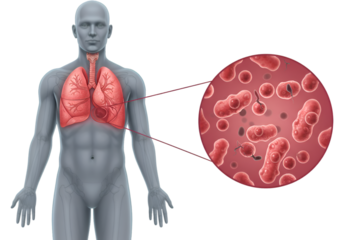 Illustration of a human torso with highlighted lungs and a magnified view of bacteria inside the lungs.
