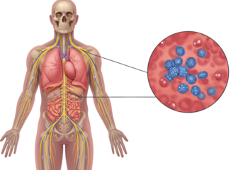 Anatomical illustration of a human body highlighting internal organs and a magnified view of blood cells with blue clusters.