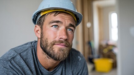 A male construction worker wearing a safety helmet, looking thoughtfully. The setting is an unfinished interior space, conveying a sense of focus and determination.