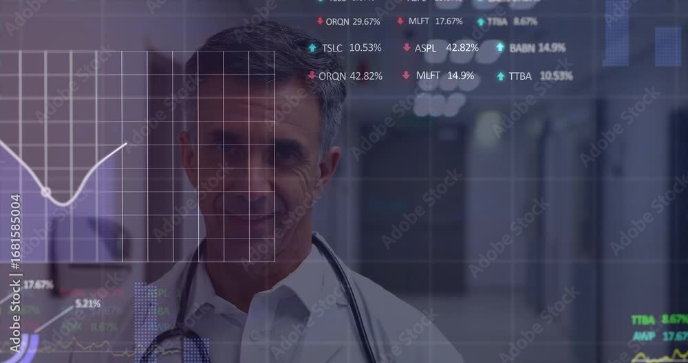 Aufkleber animation of data processing and squares over male doctor with financial data processing