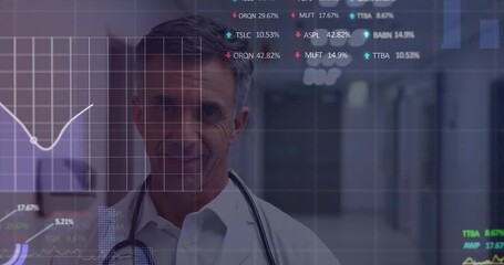 Animation of data processing and squares over male doctor with financial data processing - Powered by Adobe