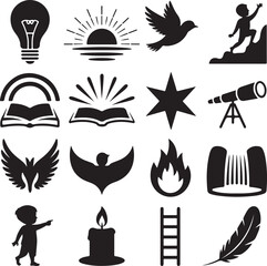 Collection of sixteen black silhouette icons symbolizing hope and knowledge lightbulb