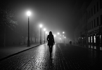 Lonely woman walking on a foggy street at night