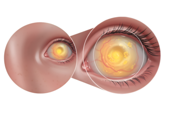 Close-up medical illustration of a human eye with macular degeneration, showing detail of the affected retina.