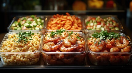 Obraz premium Restaurant food display; various prepared dishes in clear containers on a stainless steel counter, blurred background