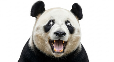 Naklejka premium Close-up of a smiling panda with sparkling eyes against a white background.
