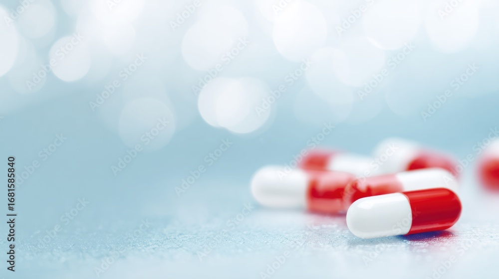 Poster pills in red and white hues are softly focused and scattered over a light blue surface, creating an 