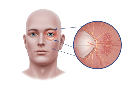 Medical illustration showing eye swelling, highlighting affected areas and magnified optic nerve view.