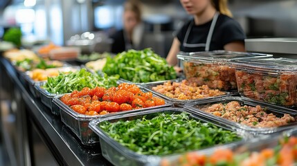 Obraz premium Restaurant prep area, chefs arranging salad ingredients, busy kitchen in background. Possible use food photography