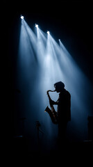 Silhouette of jazz musician playing saxophone on stage with bright spotlight beams